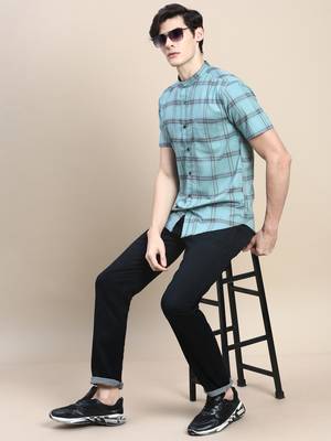 men's short sleeves tartan checks sea green shirt 5