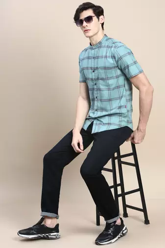 men's short sleeves tartan checks sea green shirt