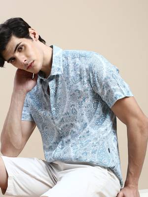 men's short sleeves floral blue shirt 1