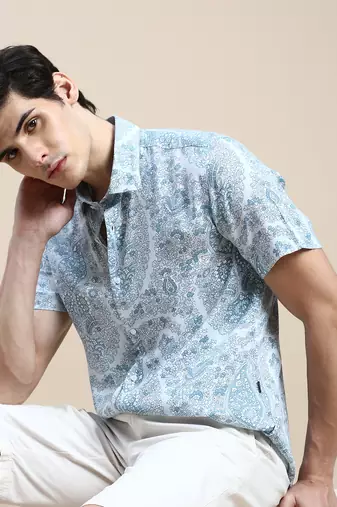 men's short sleeves floral blue shirt