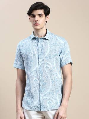men's short sleeves floral blue shirt 2
