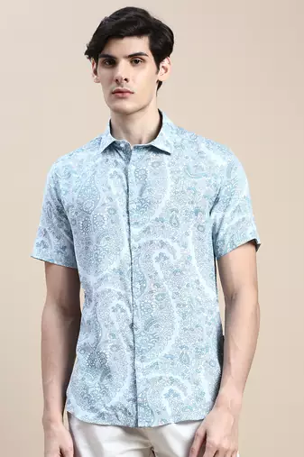 men's short sleeves floral blue shirt