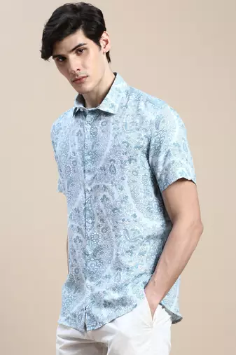 men's short sleeves floral blue shirt