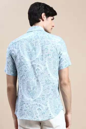 men's short sleeves floral blue shirt