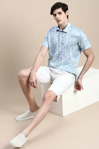 men's short sleeves floral blue shirt