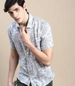 men's short sleeves floral cream shirt