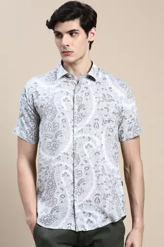 men's short sleeves floral cream shirt