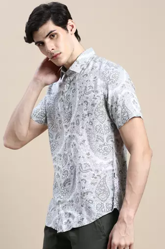 men's short sleeves floral cream shirt