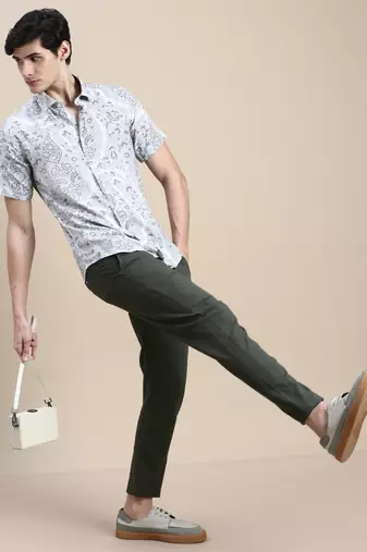 men's short sleeves floral cream shirt