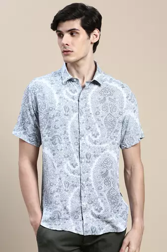 men's short sleeves floral grey shirt