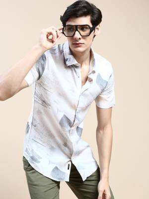 men's short sleeves abstract cream shirt 1