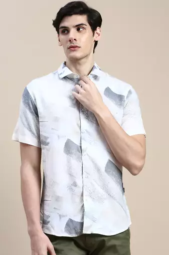men's short sleeves abstract cream shirt