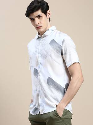 men's short sleeves abstract cream shirt 3