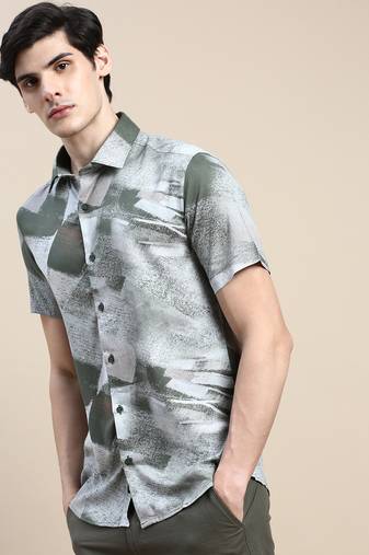 men's short sleeves abstract olive shirt