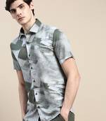 men's short sleeves abstract olive shirt