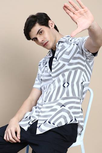 men's short sleeves abstract white shirt