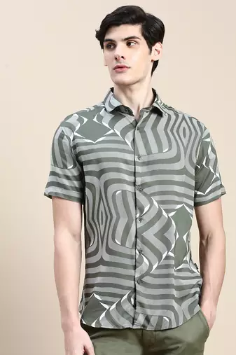 men's short sleeves abstract olive shirt