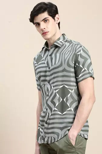 men's short sleeves abstract olive shirt