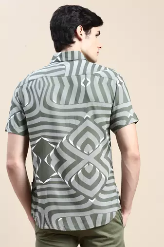 men's short sleeves abstract olive shirt