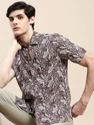 men's short sleeves ethnic motifs coffee brown shirt 1