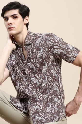 men's short sleeves ethnic motifs coffee brown shirt