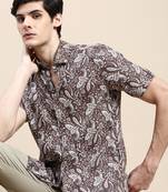 men's short sleeves ethnic motifs coffee brown shirt
