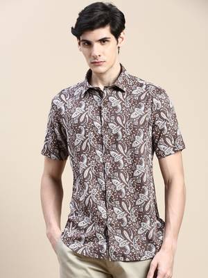 men's short sleeves ethnic motifs coffee brown shirt 2