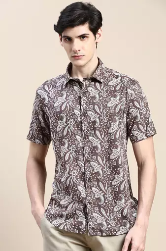 men's short sleeves ethnic motifs coffee brown shirt