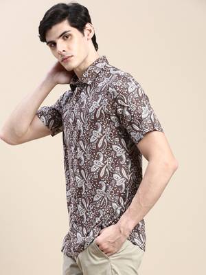men's short sleeves ethnic motifs coffee brown shirt 3