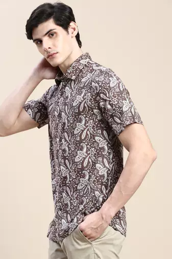 men's short sleeves ethnic motifs coffee brown shirt