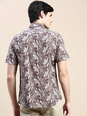 men's short sleeves ethnic motifs coffee brown shirt 4