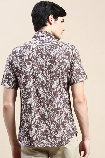 men's short sleeves ethnic motifs coffee brown shirt
