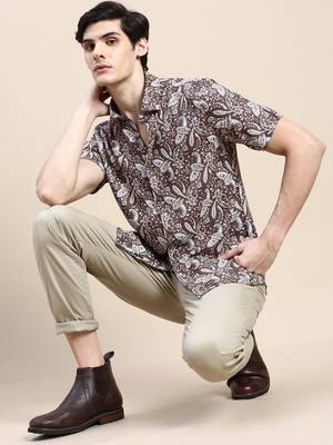 men's short sleeves ethnic motifs coffee brown shirt 5