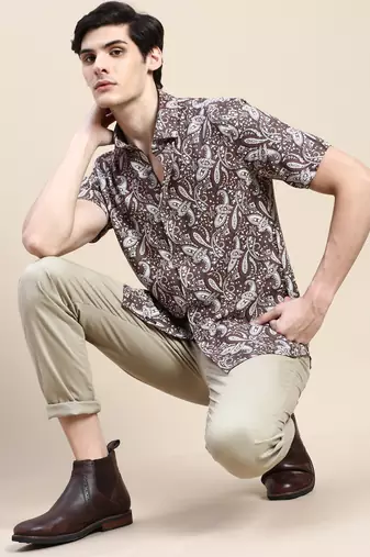 men's short sleeves ethnic motifs coffee brown shirt