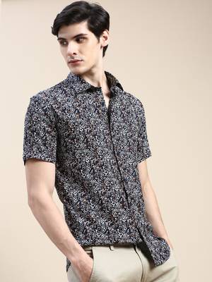 men's short sleeves ethnic motifs black shirt 1