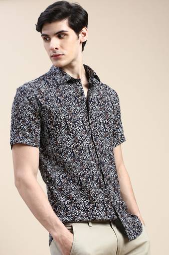 men's short sleeves ethnic motifs black shirt