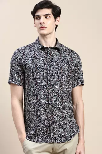 men's short sleeves ethnic motifs black shirt