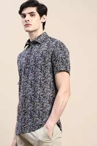 men's short sleeves ethnic motifs black shirt