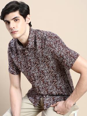 men's short sleeves ethnic motifs brown shirt 1