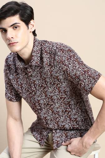 men's short sleeves ethnic motifs brown shirt