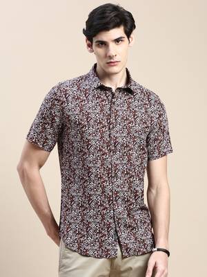 men's short sleeves ethnic motifs brown shirt 2