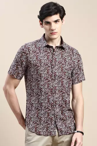 men's short sleeves ethnic motifs brown shirt