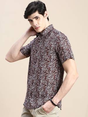 men's short sleeves ethnic motifs brown shirt 3