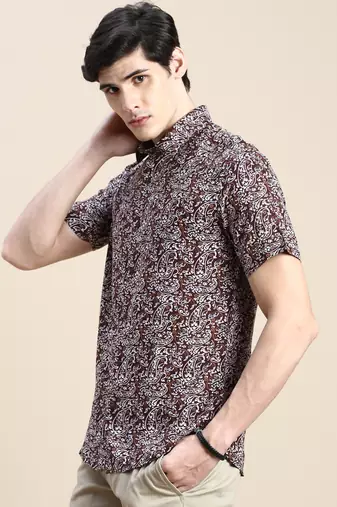 men's short sleeves ethnic motifs brown shirt
