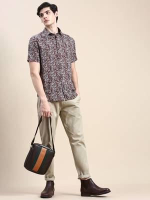 men's short sleeves ethnic motifs brown shirt 5