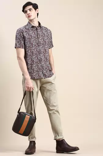 men's short sleeves ethnic motifs brown shirt