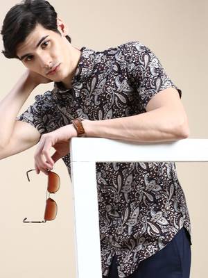 men's short sleeves ethnic motifs navy blue shirt 1