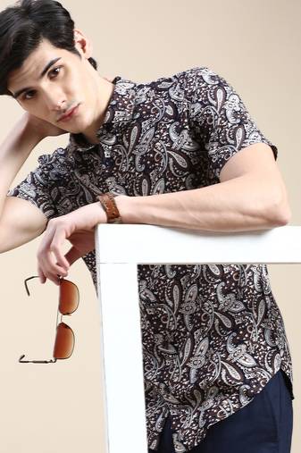 men's short sleeves ethnic motifs navy blue shirt