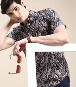 men's short sleeves ethnic motifs navy blue shirt