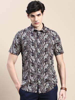 men's short sleeves ethnic motifs navy blue shirt 2